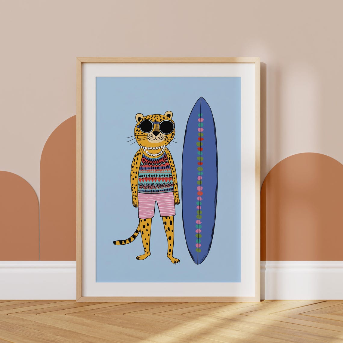 Surfing Leopard With Sunglasses Blue Surfboard Kids Art Print - Image 5