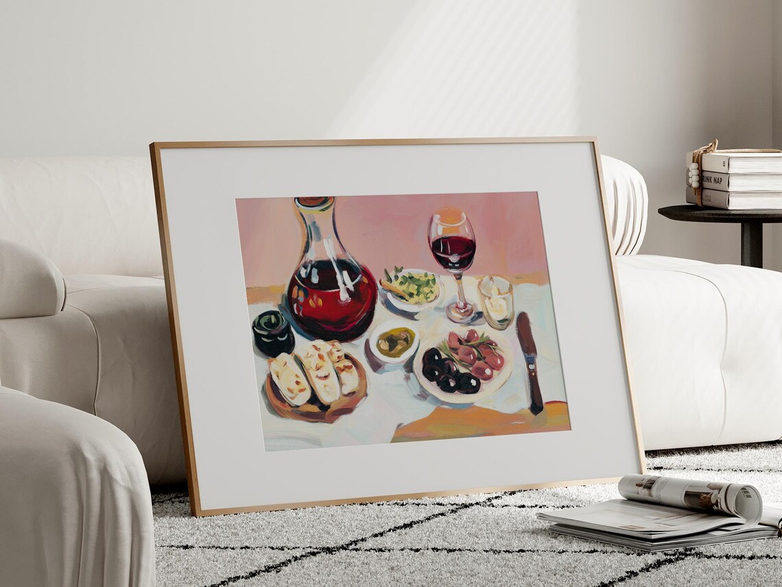 Red Wine Decanter Tapas Bread Olives Cheese Table Painting Kitchen Wall Art - Image 4