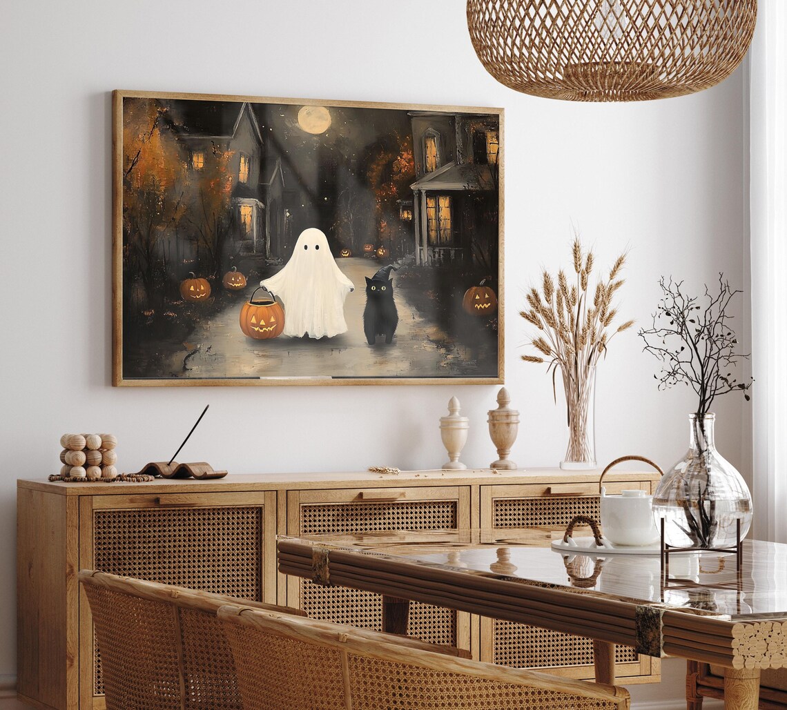 Ghost Trick or Treating with Black Cat on a Moonlit Village Street Poster - Image 2