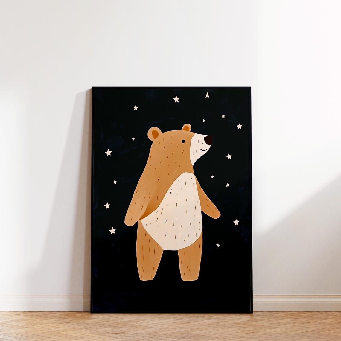 Cute Bear Standing Under Stars Black Night Sky Nursery Kids Poster - Image 2