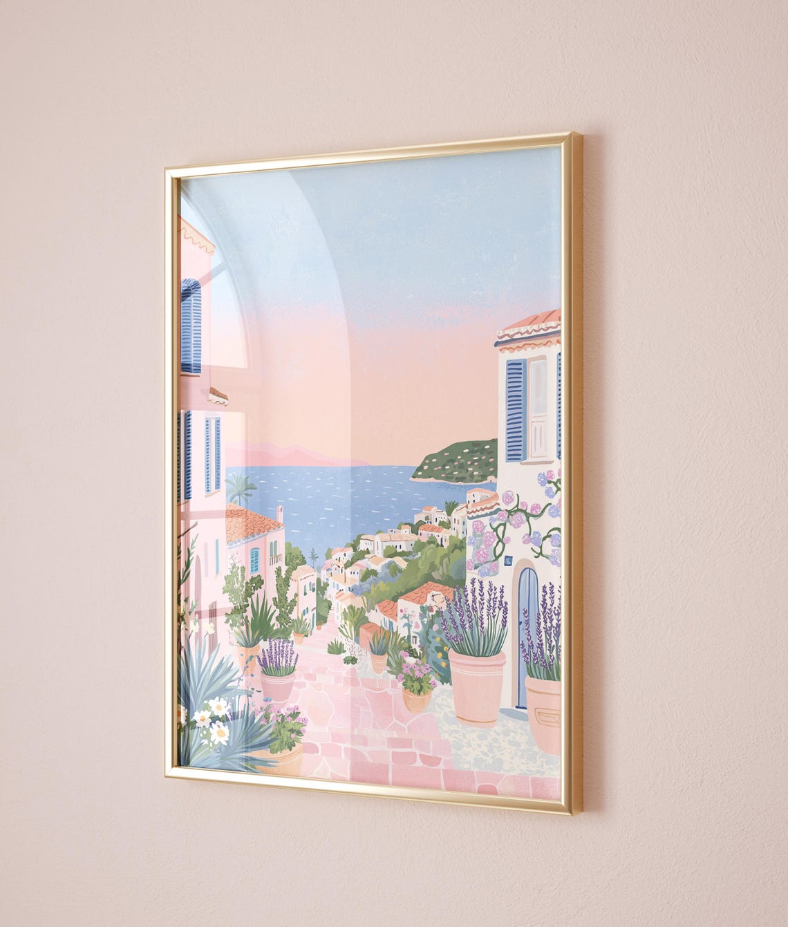 Mediterranean Coastal Alley Pink Sunset Seaside Village Poster - Image 3