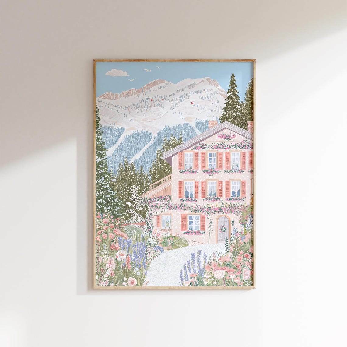 Alpine Chalet Flower Boxes Snowy Mountains Garden Path Summer Poster - Image 2