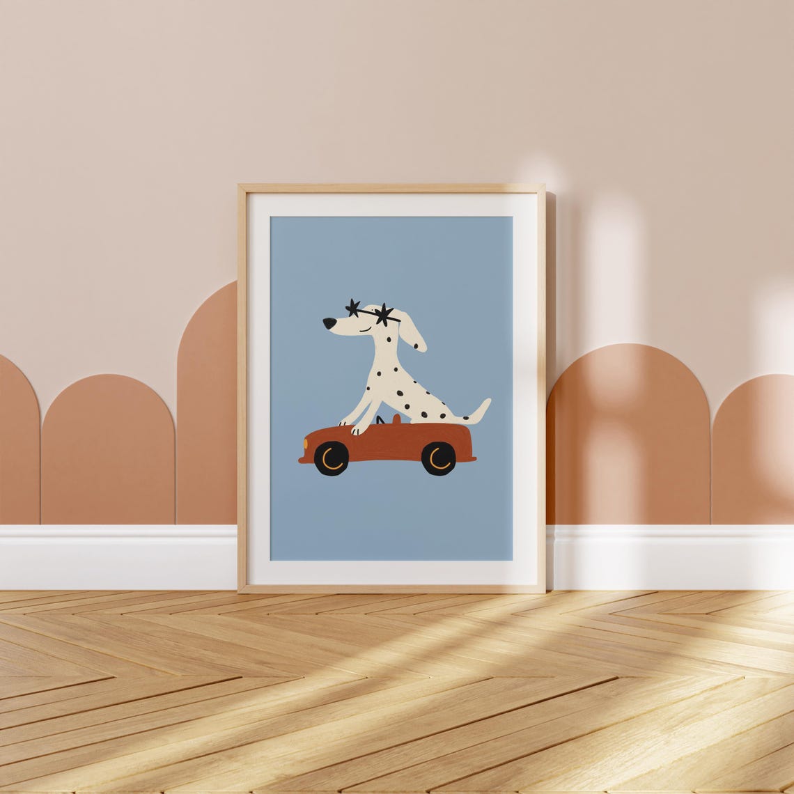Spotted Dalmatian Driving a Red Car Cute Nursery Kids Room Wall Art - Image 3