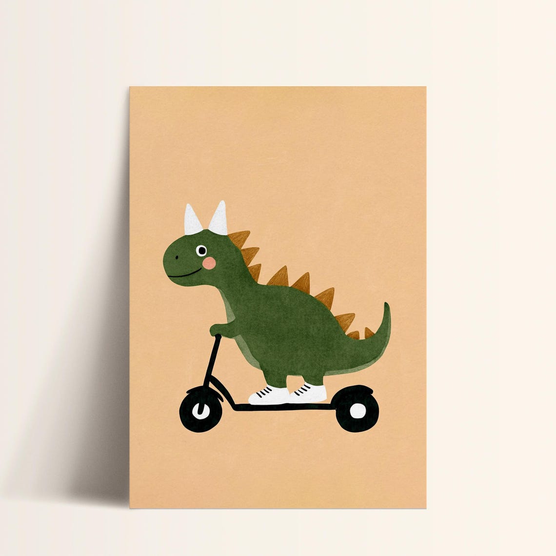 Green Dinosaur Riding Scooter in Sneakers Cute Dino Art Poster