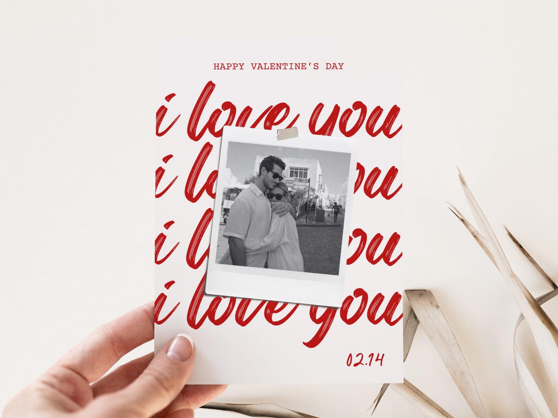 Personalized Valentine Photo Card I Love You Script Red Polaroid Print - Image 3