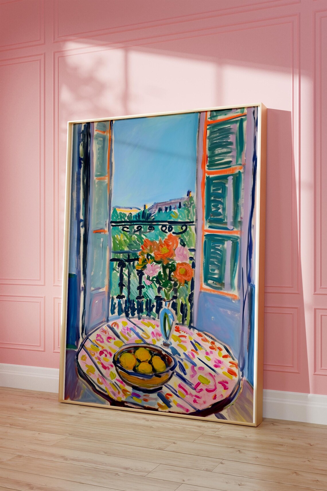Open Window Balcony Flowers Lemons Sea View Colorful Art Poster