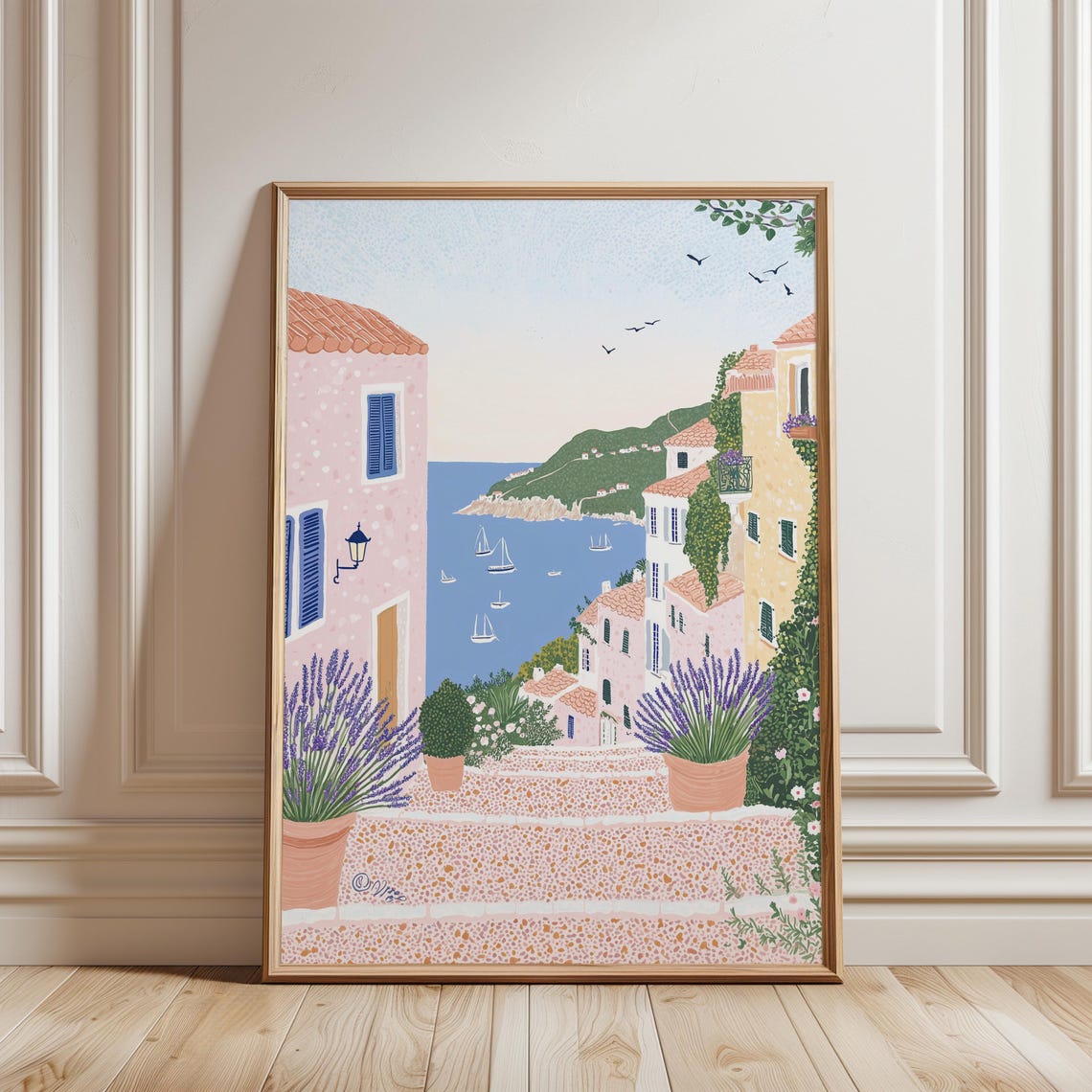 Mediterranean Stone Steps Lavender Sailboats Coastal Town Poster