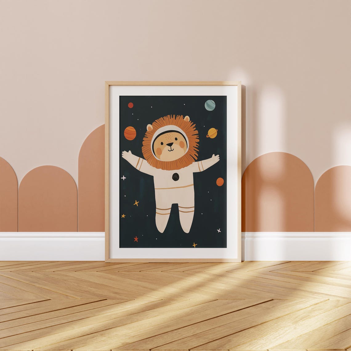 Lion Astronaut Floating In Space Stars Kids Nursery Animal Poster - Image 2