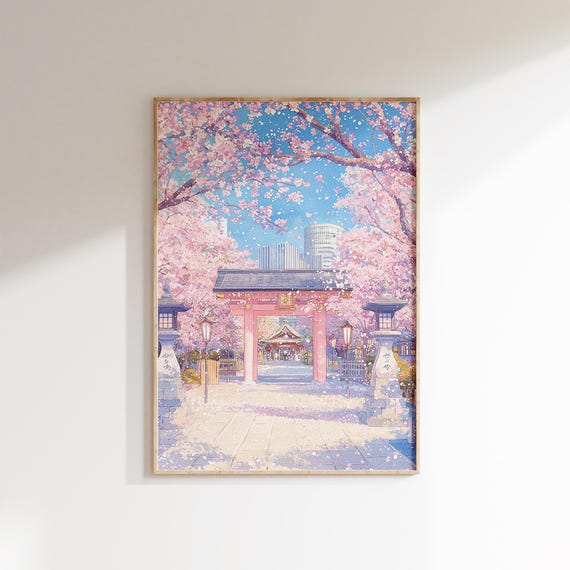 Japanese Temple Cherry Blossom Print Pink Sakura Art Asian Temple Wall Decor Spring Japan Poster
