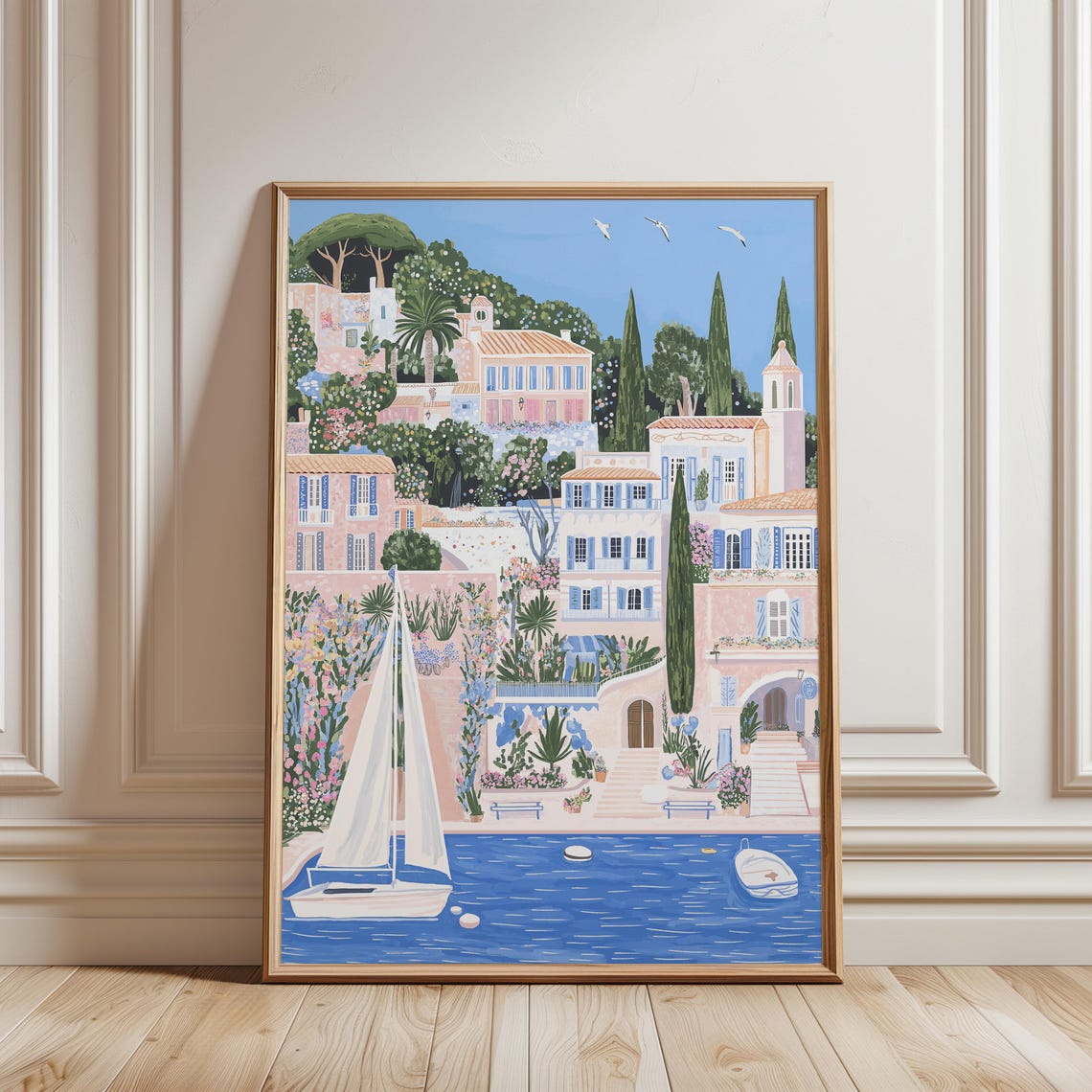 French Riviera Seaside Town Sailboat Pastel Harbor Summer Poster