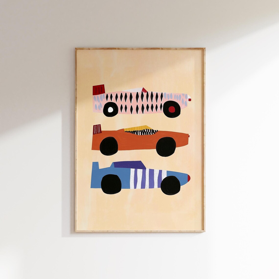 Race Car Print Three Colorful Retro Cars Cream Boys Room Wall Poster