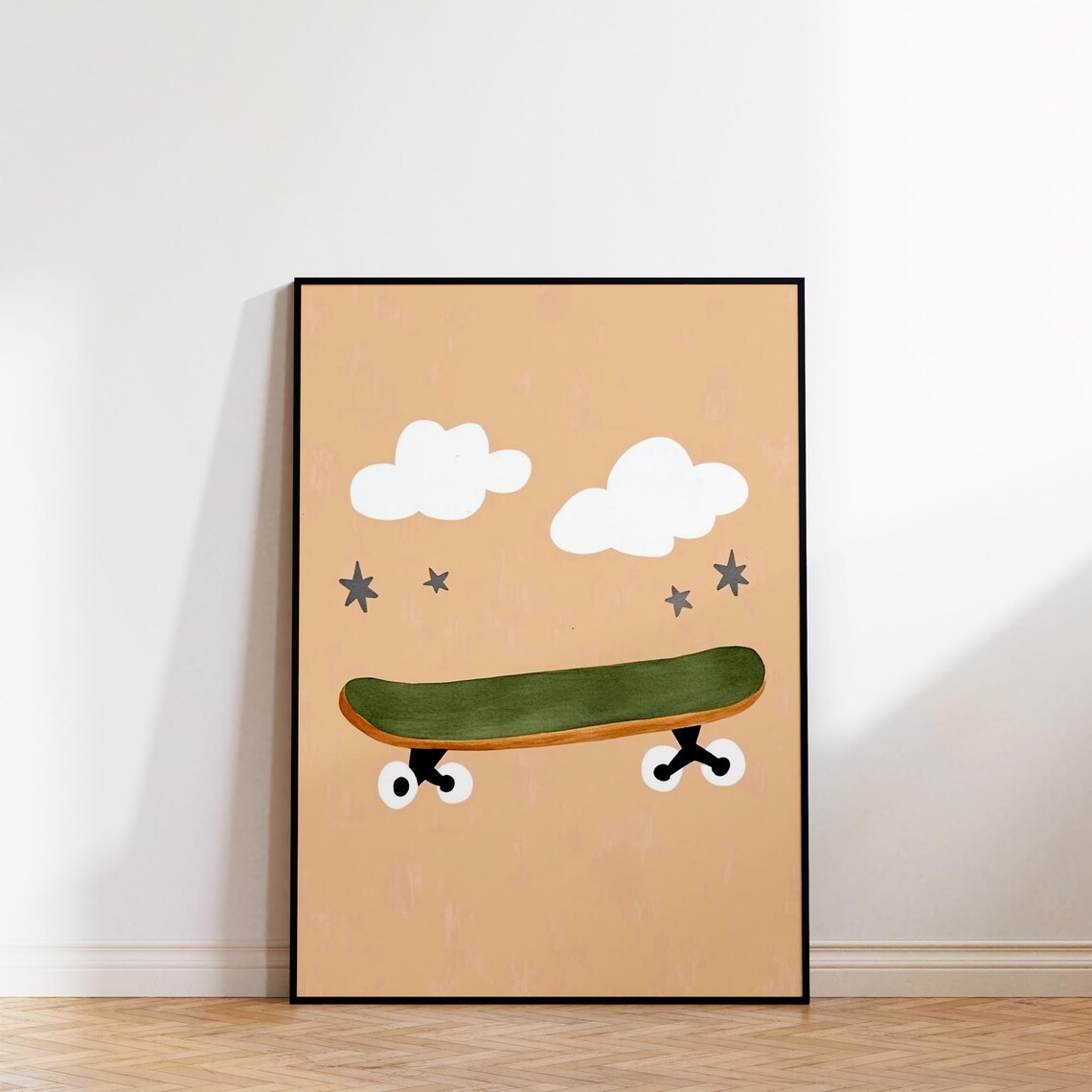 Green Skateboard Clouds Stars Retro Boys Room Modern Art Poster - Image 3