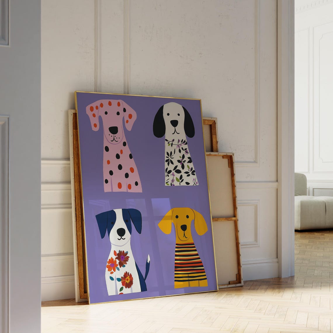 Cute Puppy Collection Four Patterned Dogs Purple Kids Room Wall Poster - Image 3