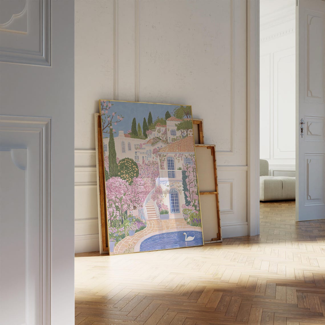 Pink Blossom Mediterranean Hillside Village Swan Pond Spring Poster - Image 6