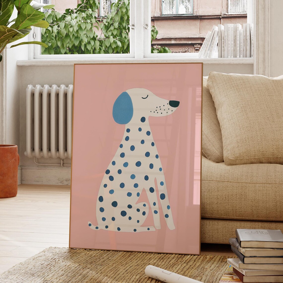 Sleeping Blue Spotted Dog Minimalist Pink Nursery Animal Art Poster