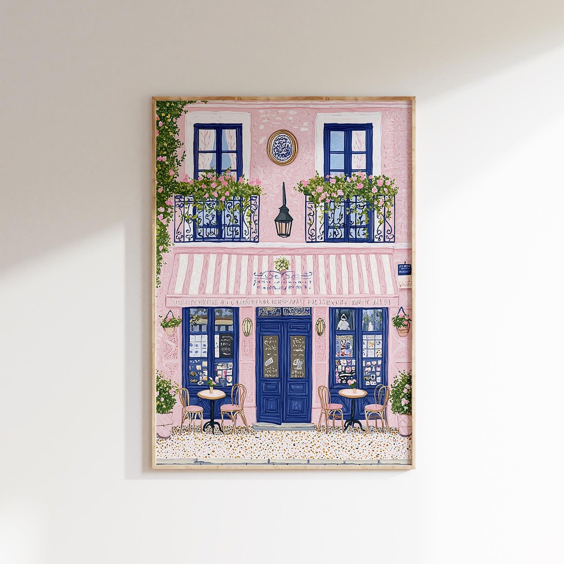 Parisian Cafe Pink Facade Blue Doors French Bistro Charm Poster