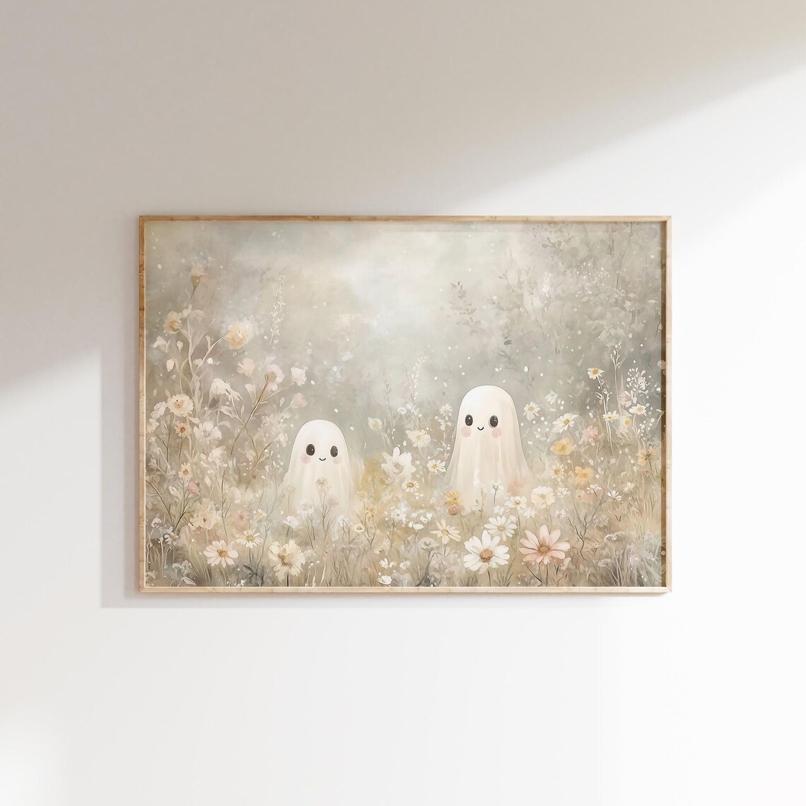 Two Pastel Ghosts in a Dreamy Wildflower Meadow Whimsical Fall Art Poster
