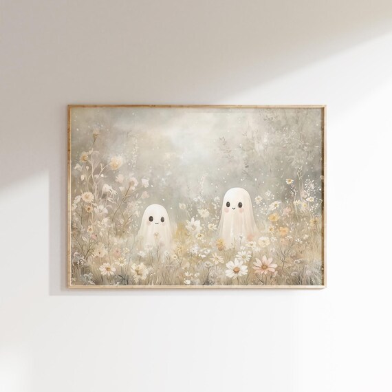 Two Pastel Ghosts in a Dreamy Wildflower Meadow Whimsical Fall Art Poster