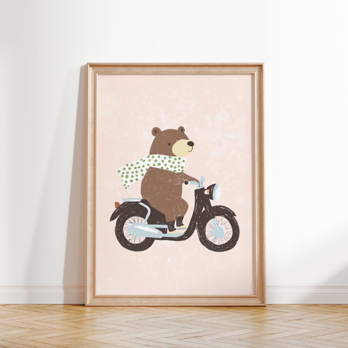 Playful Bear Riding Scooter With Flying Scarf Nursery Poster - Image 2