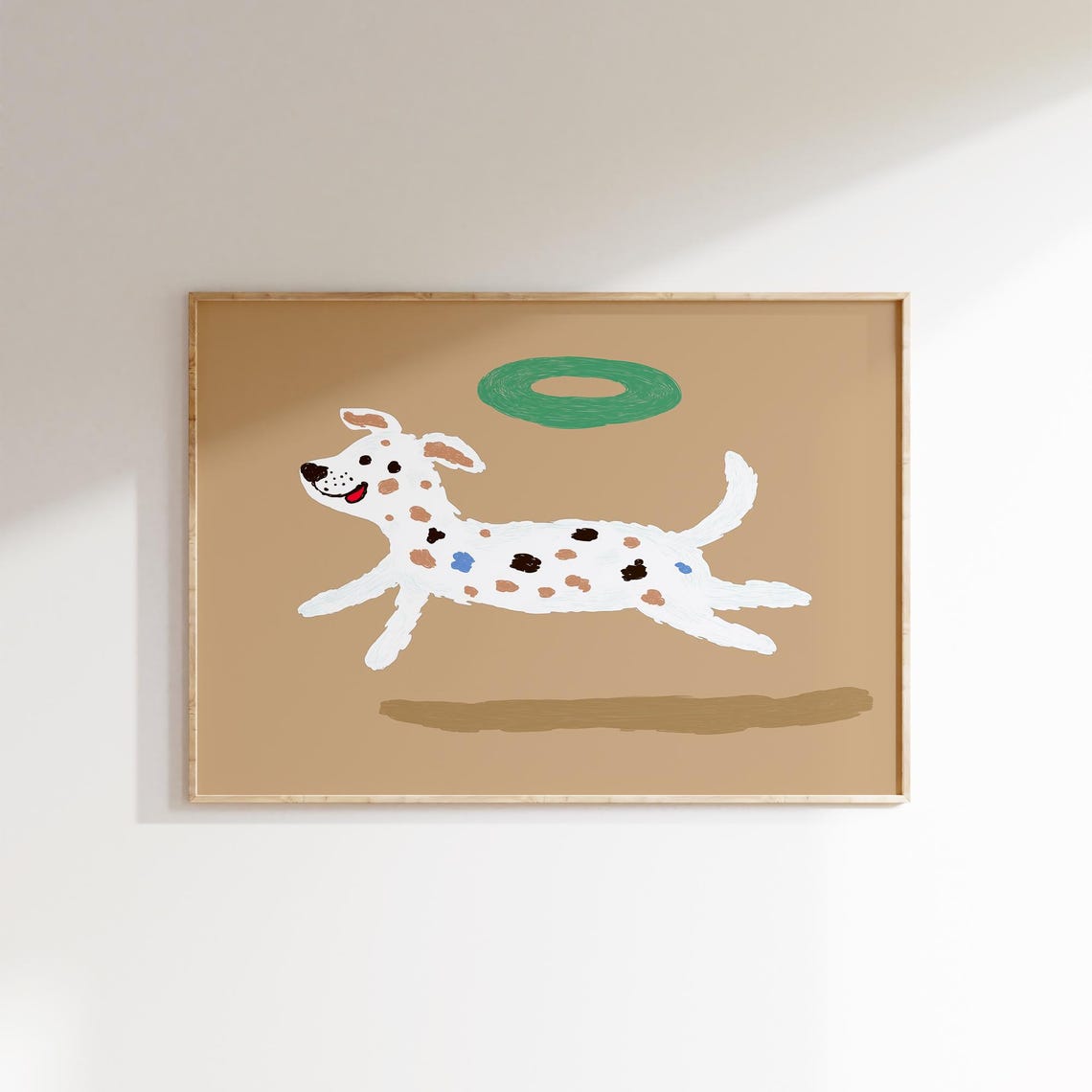 Playful Jumping Spotted Dog Green Ring Tan Background Kids Wall Poster
