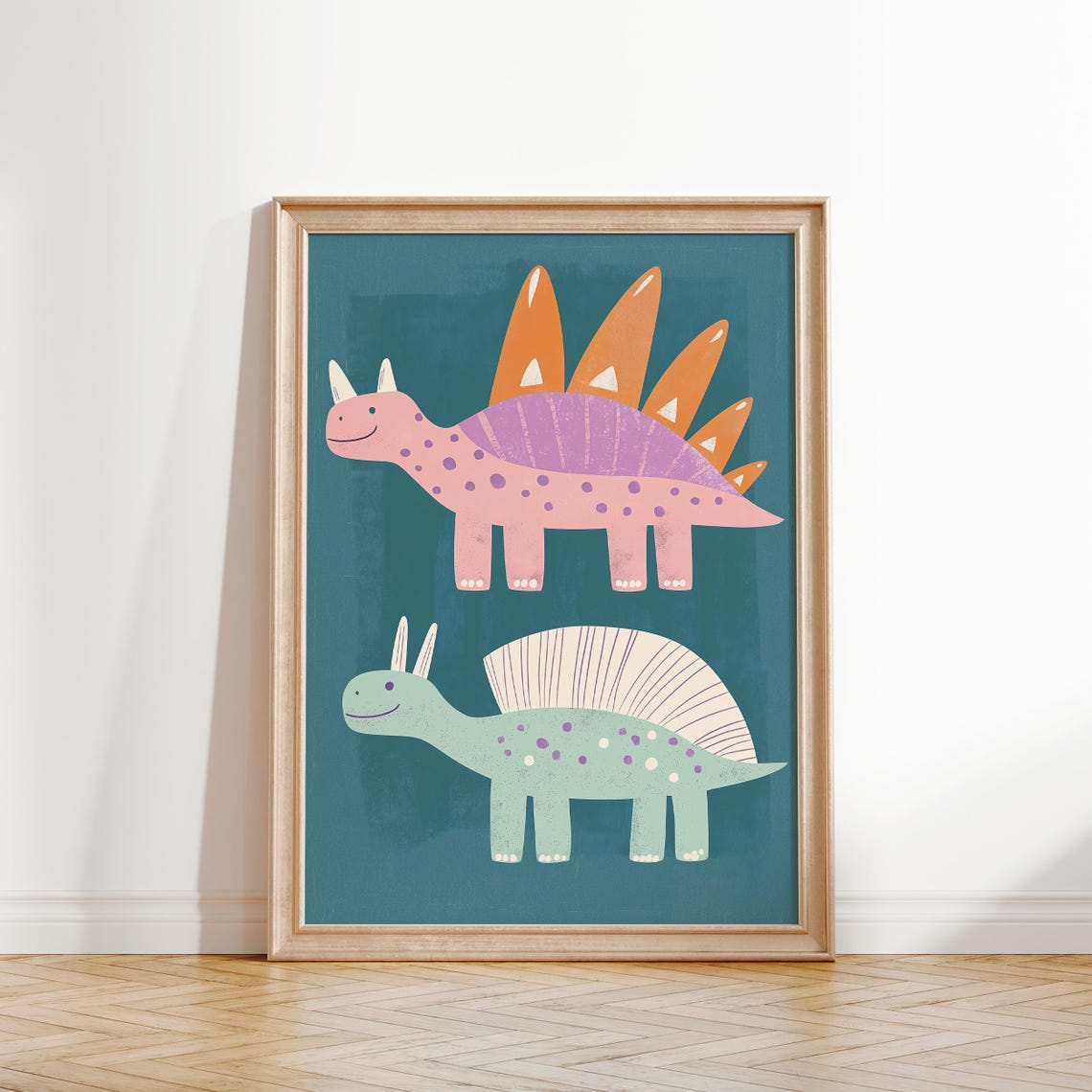 Two Colorful Smiling Dinosaurs On Teal Kids Room Wall Poster - Image 2