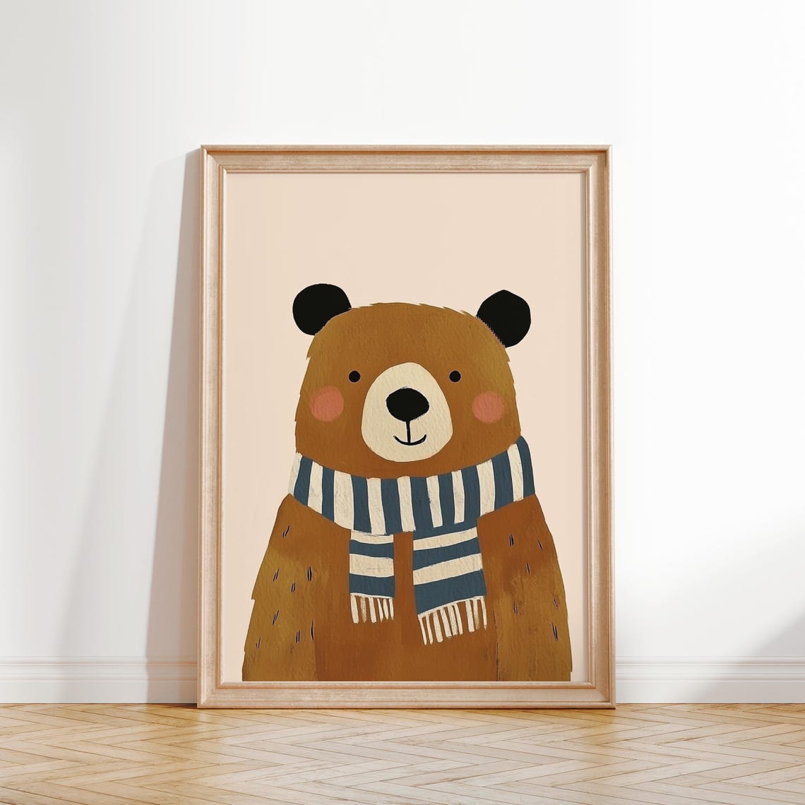 Sweet Brown Bear In Blue Striped Scarf Nursery Kids Animal Poster - Image 2