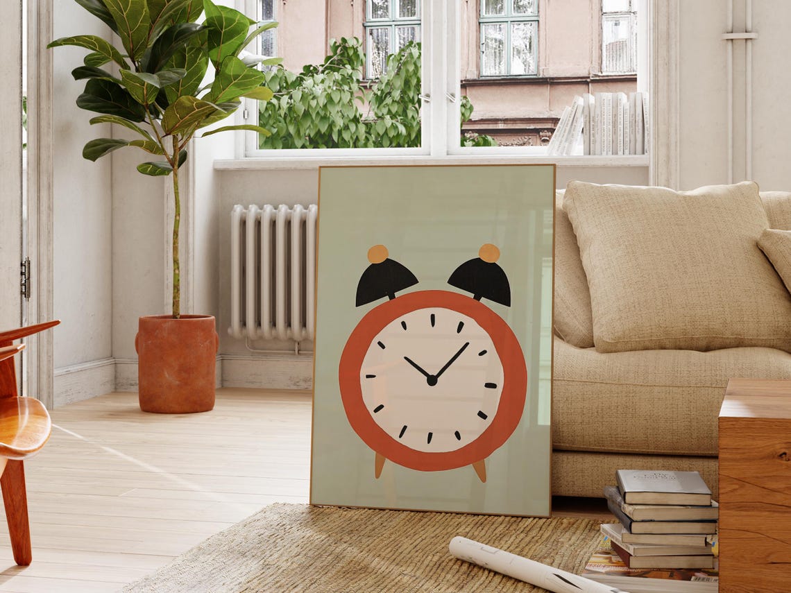 Retro Orange Alarm Clock Boho Kids Nursery Wall Decor Poster