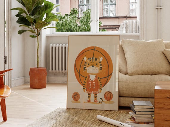 Cute Tiger Basketball Poster Fun Animal Sports Art Kids Room Wall Decor Nursery Print Sports Themed Artwork For Childrens Bedroom