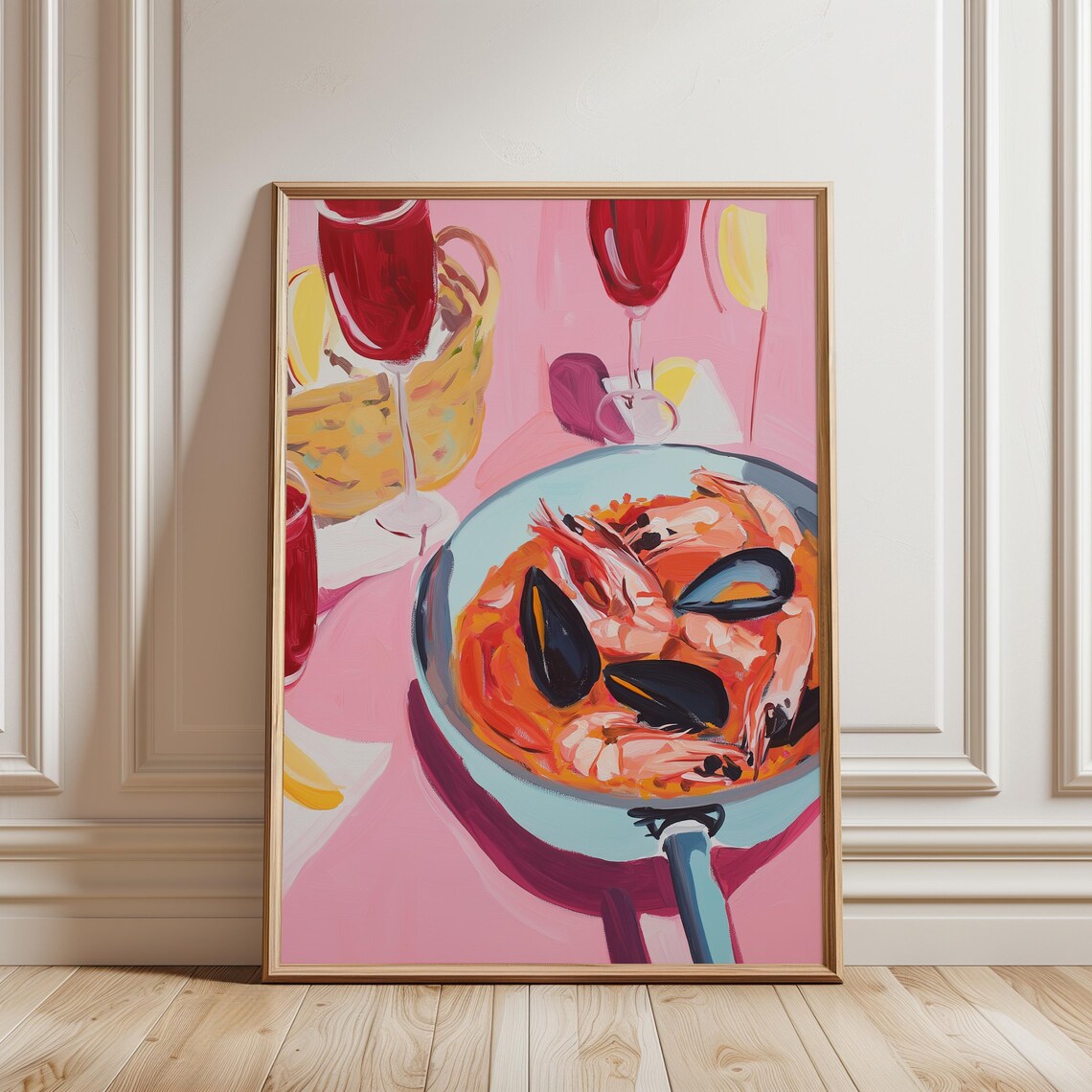 Seafood Paella Prawns Mussels Red Wine Glasses Pink Kitchen Poster