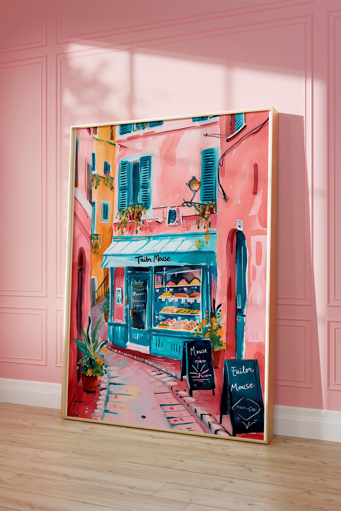 Parisian Street Cafe Art Poster with Pink Buildings and Teal Shutters - Image 2