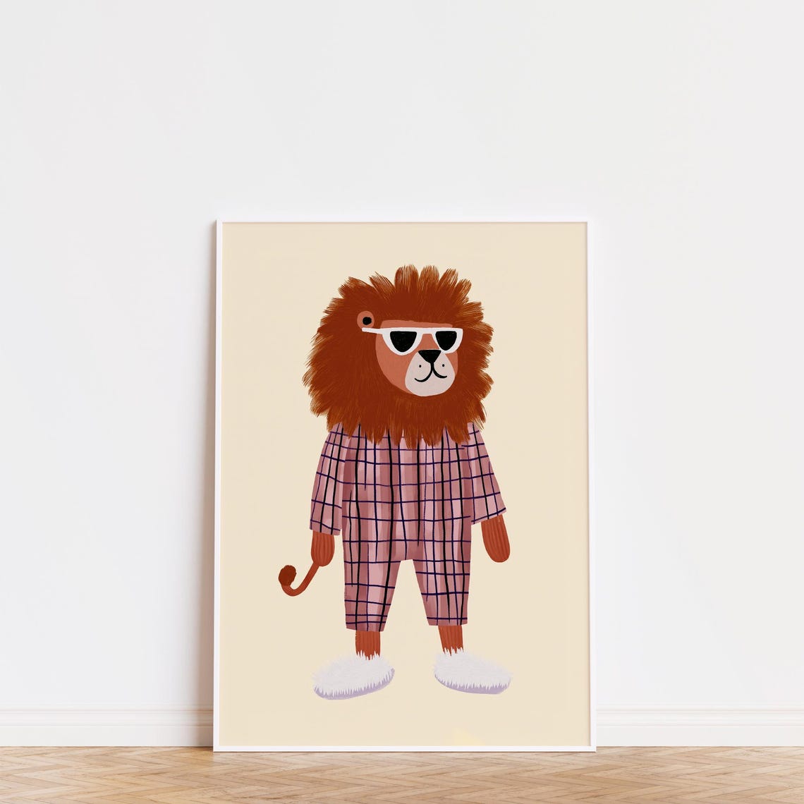 Cool Lion In Pink Plaid Pajamas Sunglasses Nursery Animal Wall Art - Image 3