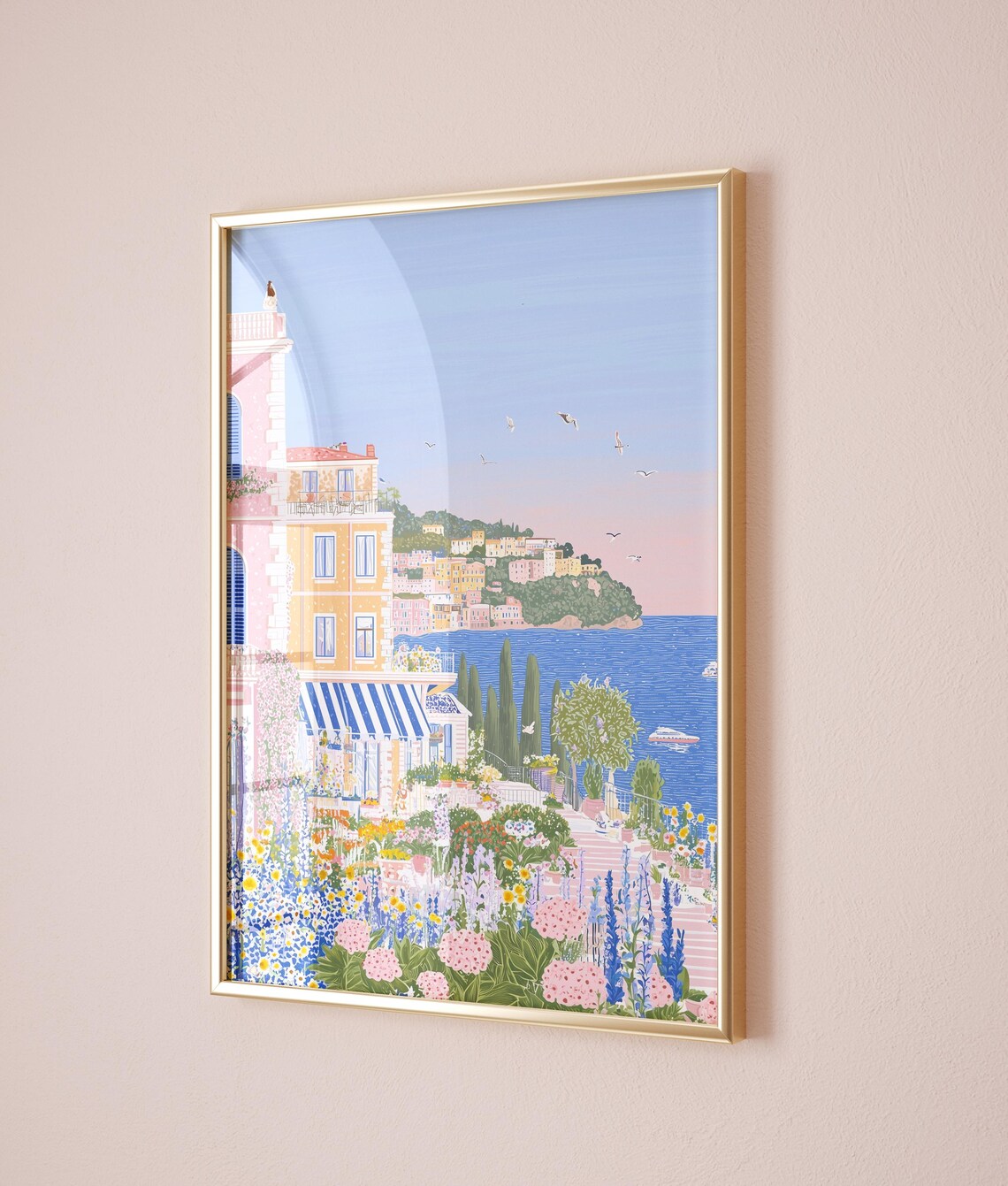 Mediterranean Seaside Town Cafe Wildflower Garden Boats Summer Poster - Image 2