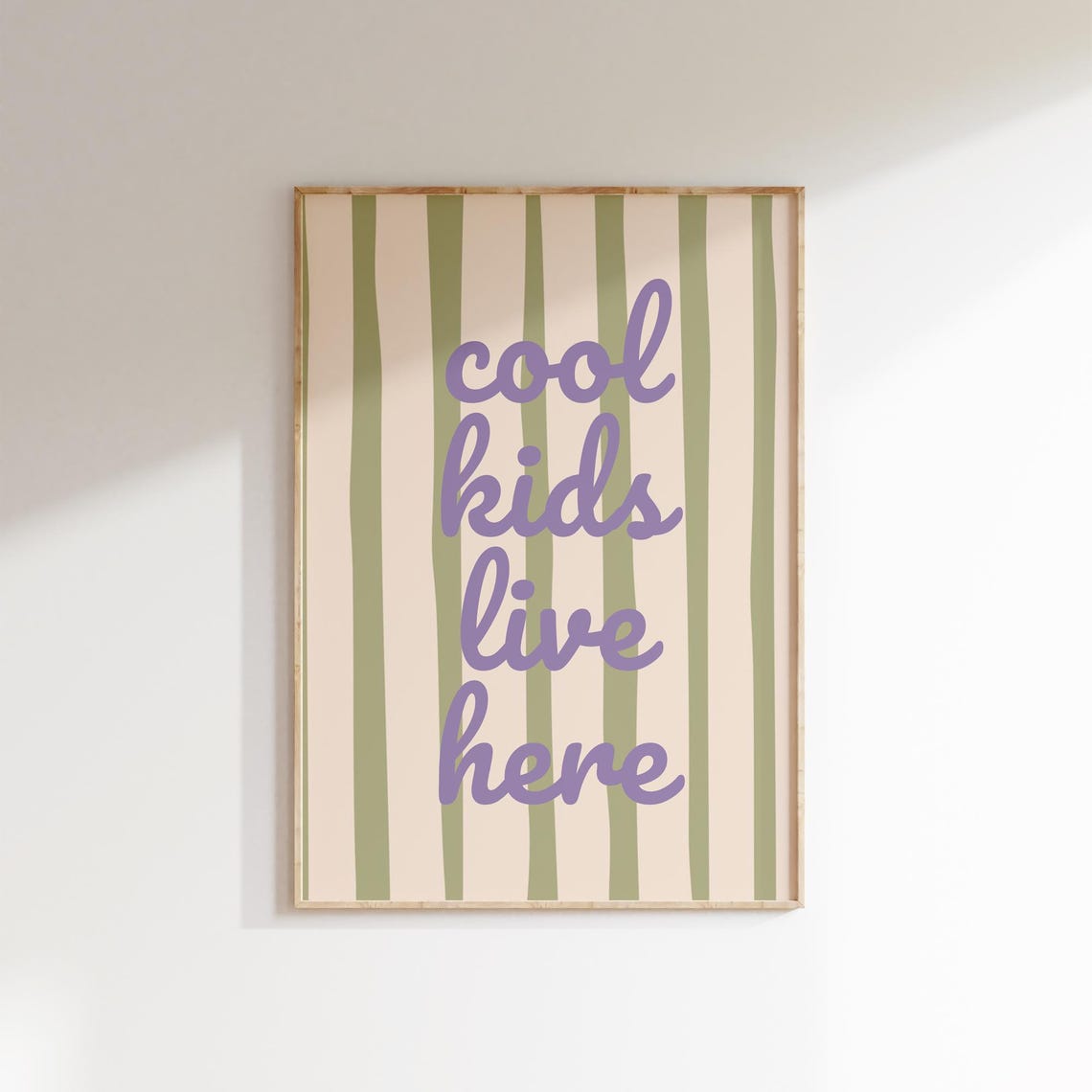 Cool Kids Live Here Purple Script Sage Striped Kids Room Poster
