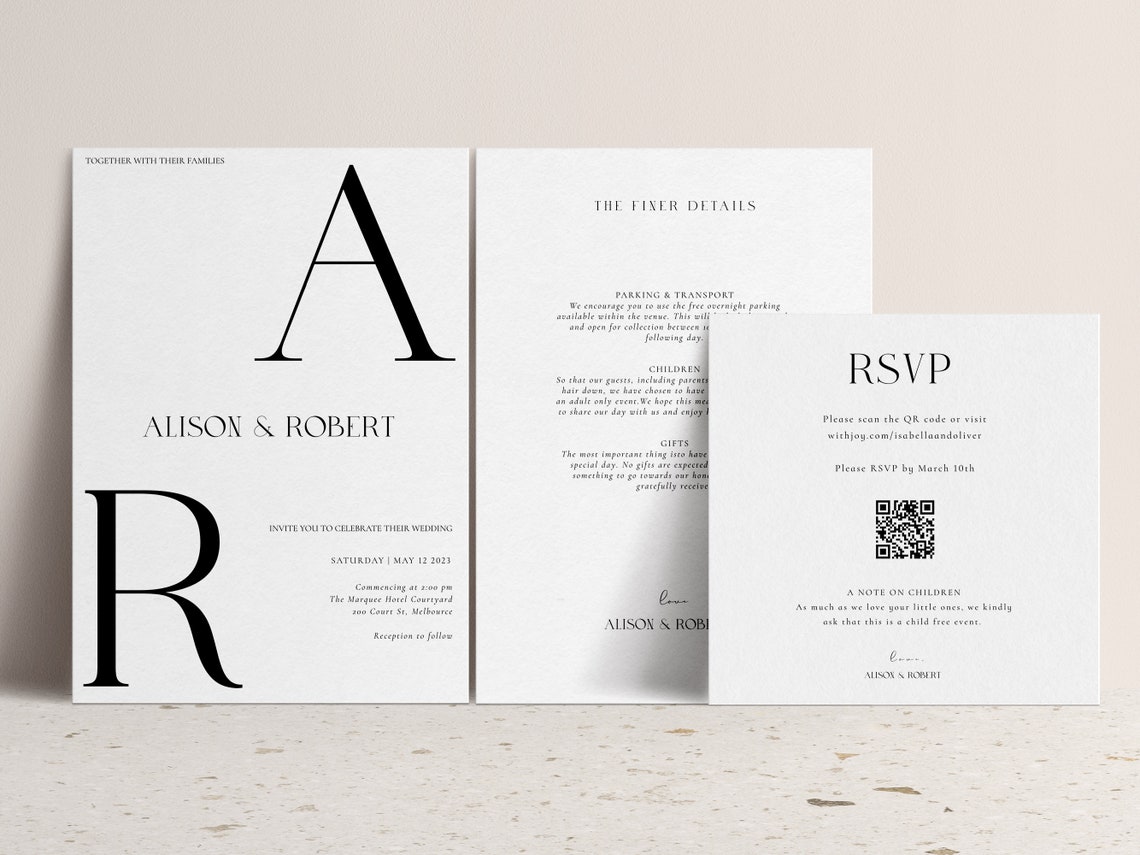 Minimalist Black and White Wedding Invitation Suite Print with RSVP