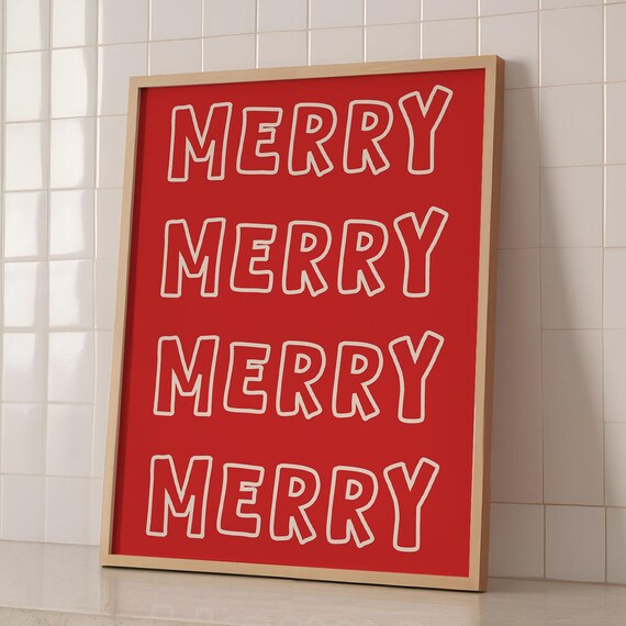 Red Christmas Wall Art Print Merry Merry Merry Minimalist Holiday Decor Modern Festive Sign Cute Christmas Art
