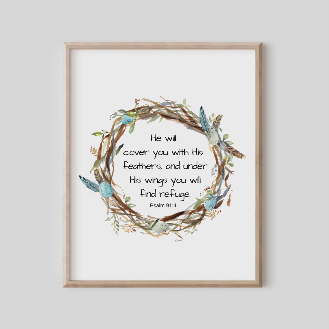 Psalm 91:4 Cover You With His Feathers Watercolor Wreath Poster