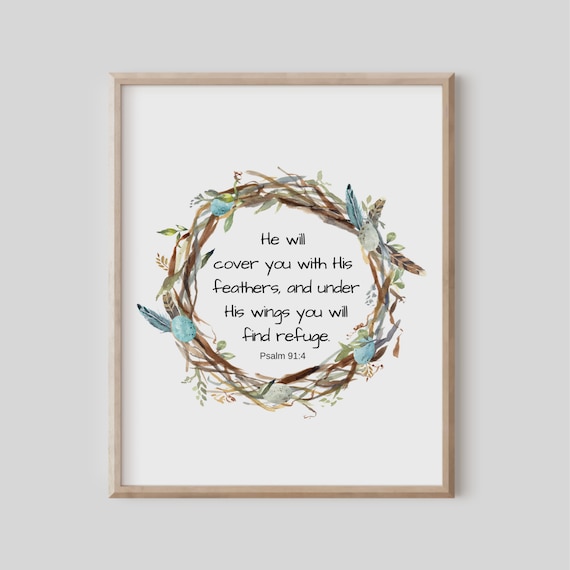 Psalm 914 He Will Cover You With His Feathers Bible Verse Wall Art Christian Gift Scripture Print Watercolor Bird Nest