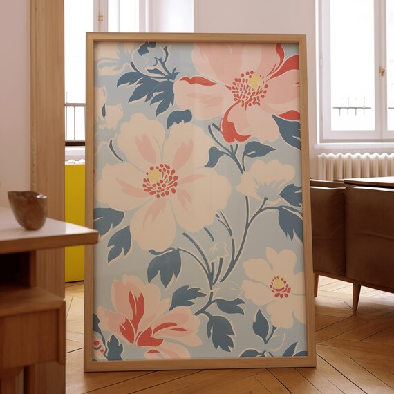 Botanical Wall Art Poster Soft Pastel Floral Illustration Print For Feminine Bedroom Or Nursery Vintage Drawing And