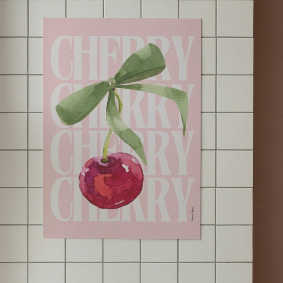 Trendy Ribbon Bows Wall Art Cherry Poster College Apartment Decor Watercolor Bows Print Coquette Room Decor Girly Wall Art
