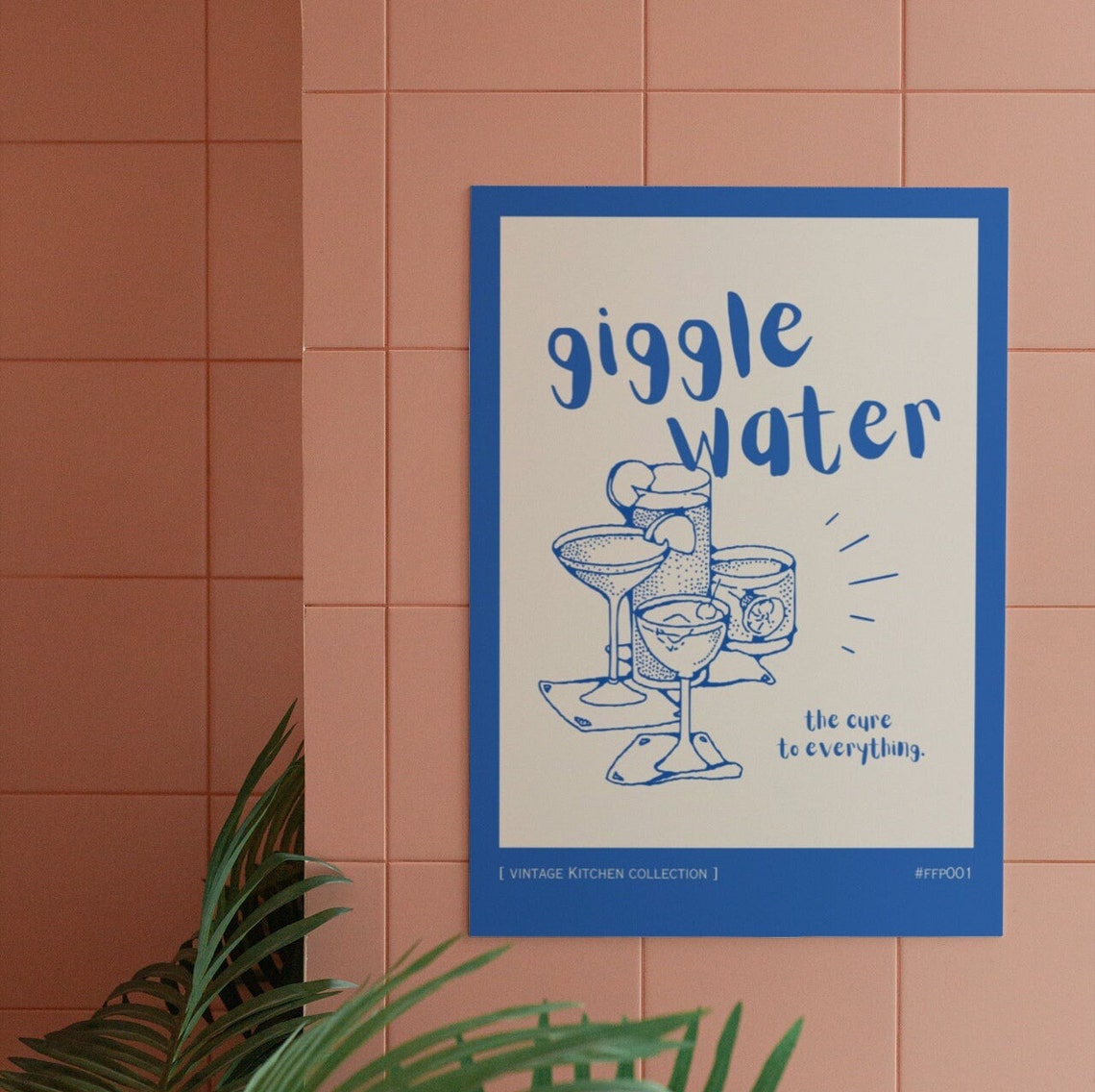 Blue Giggle Water Cocktail Glasses Retro Bar Kitchen Wall Print