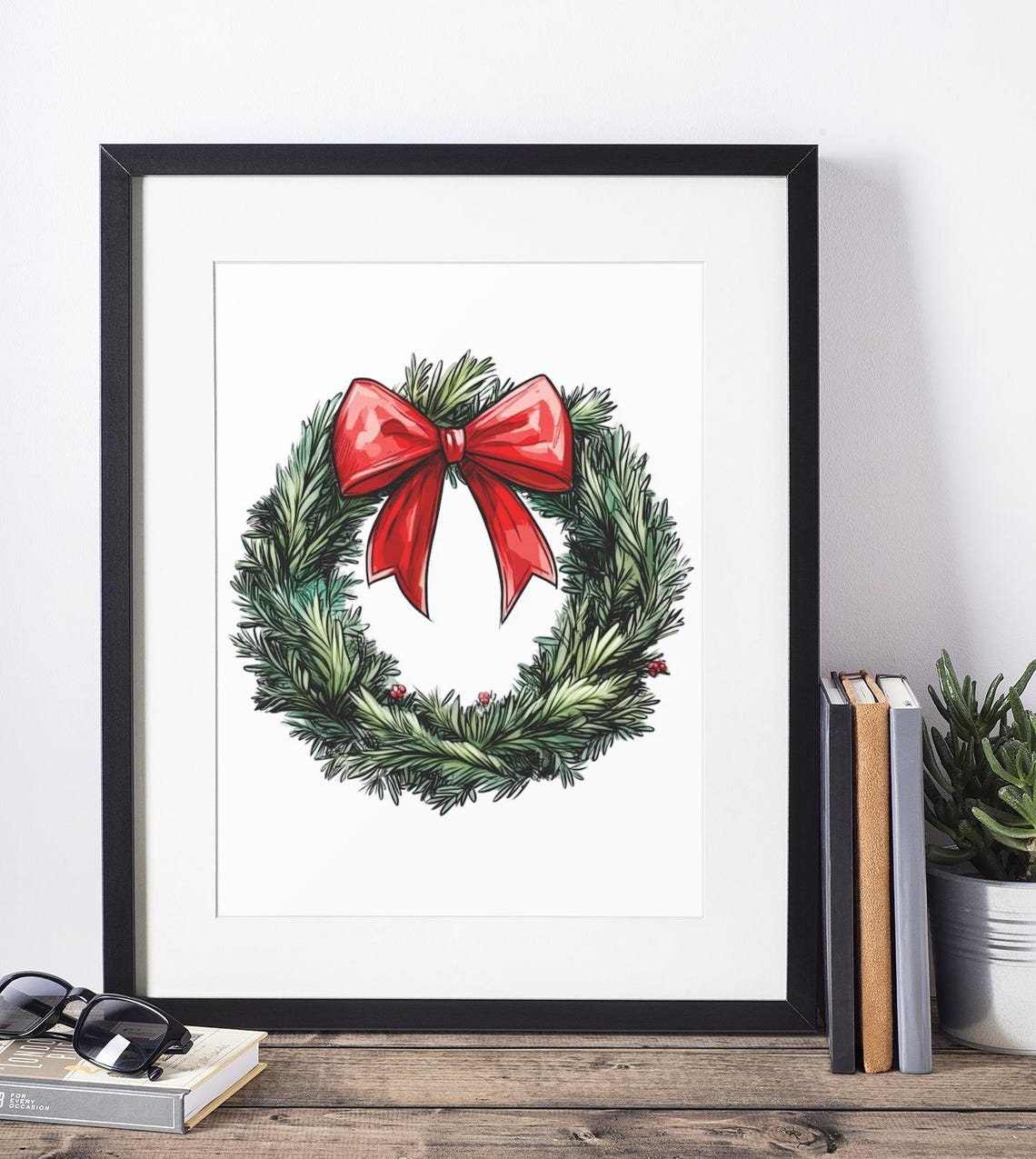 Classic Green Pine Wreath With Glossy Red Bow Christmas Holiday Poster - Image 3