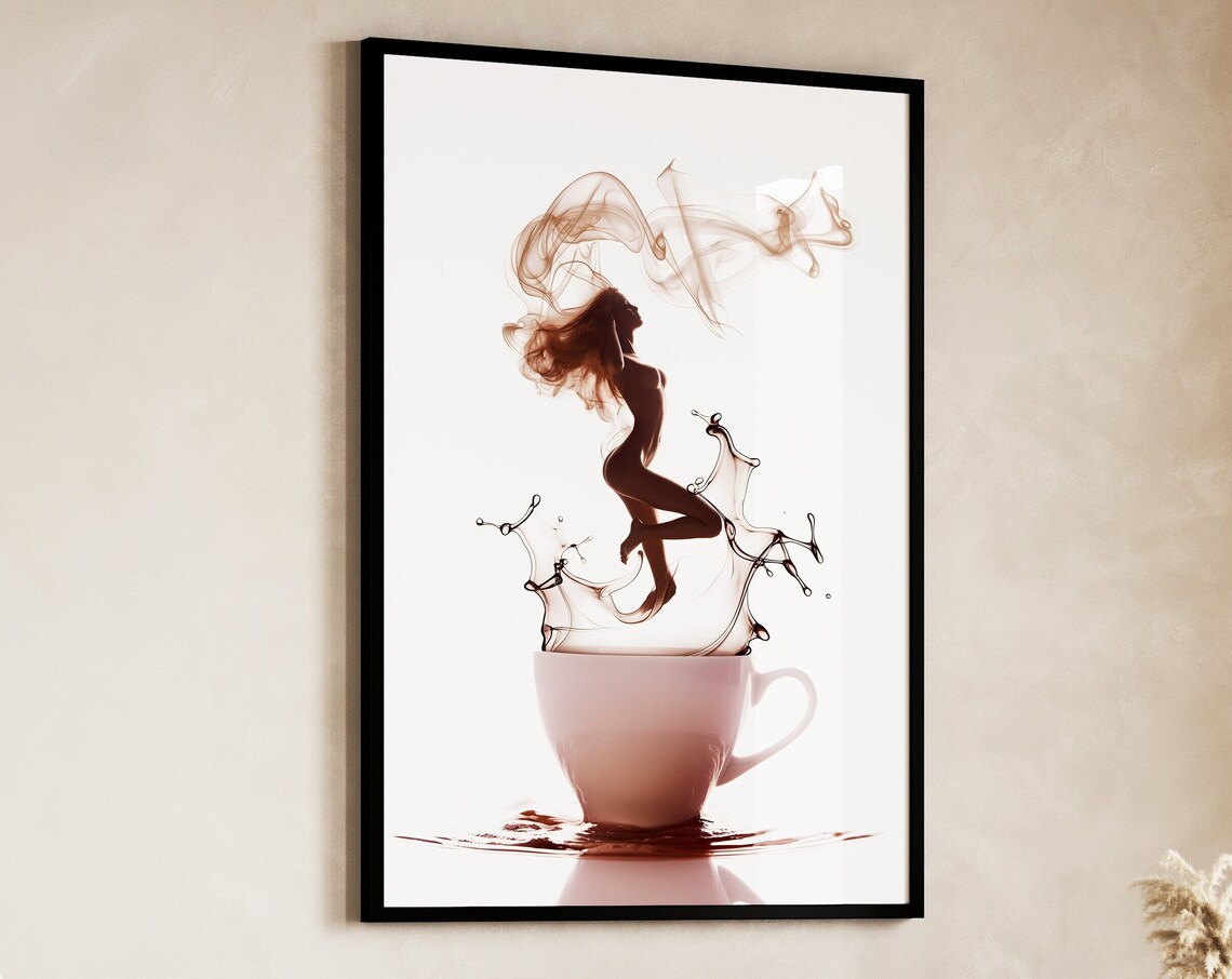 Woman Silhouette Rising From Coffee Splash Steam Body Art Poster
