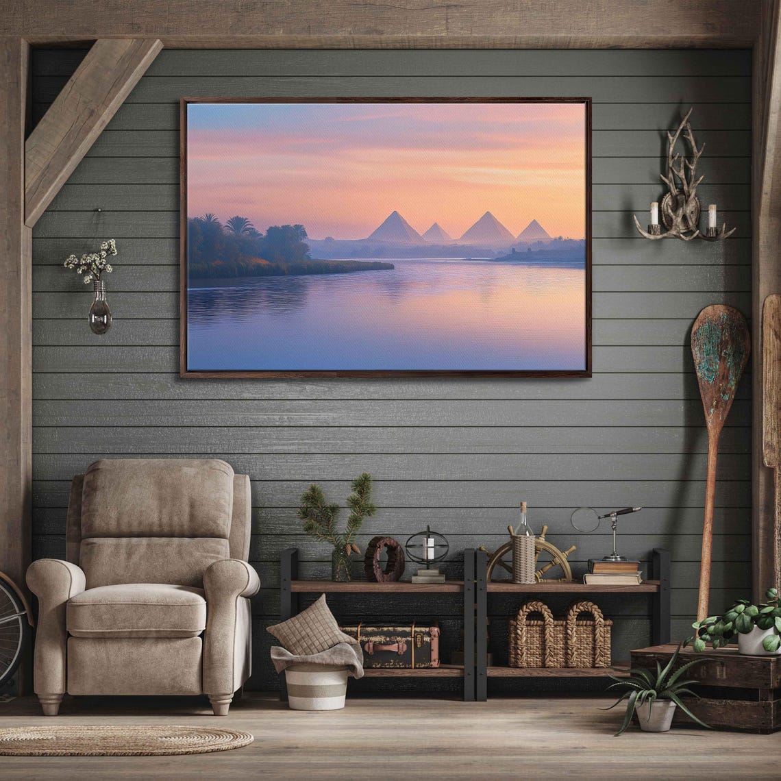 Nile River Egypt Giza Pyramids Sunset Pastel Misty River Travel Poster