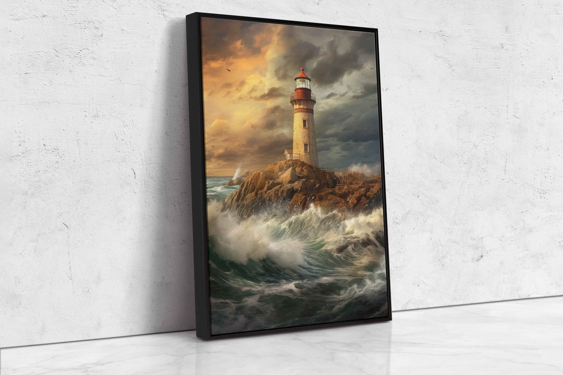Stormy Lighthouse Rocky Cliff Golden Sky Waves Crashing Ocean Poster - Image 4