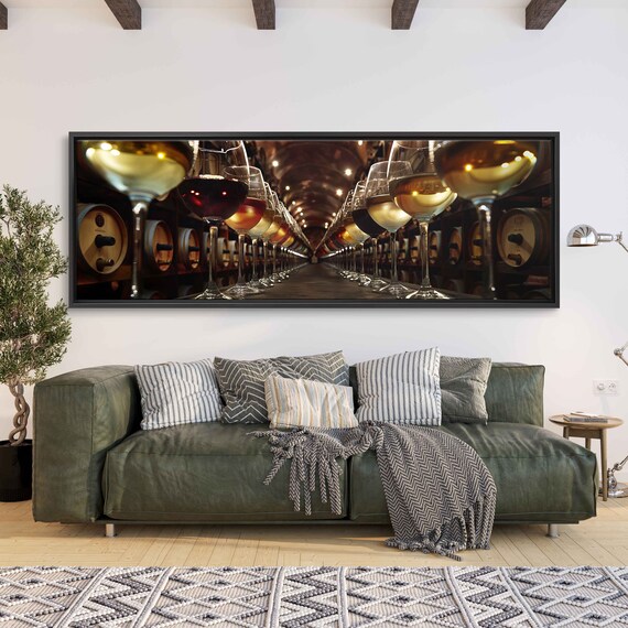 Wine Cellar Barrels Glasses Rows Warm Tunnel Light Panoramic Photo Poster