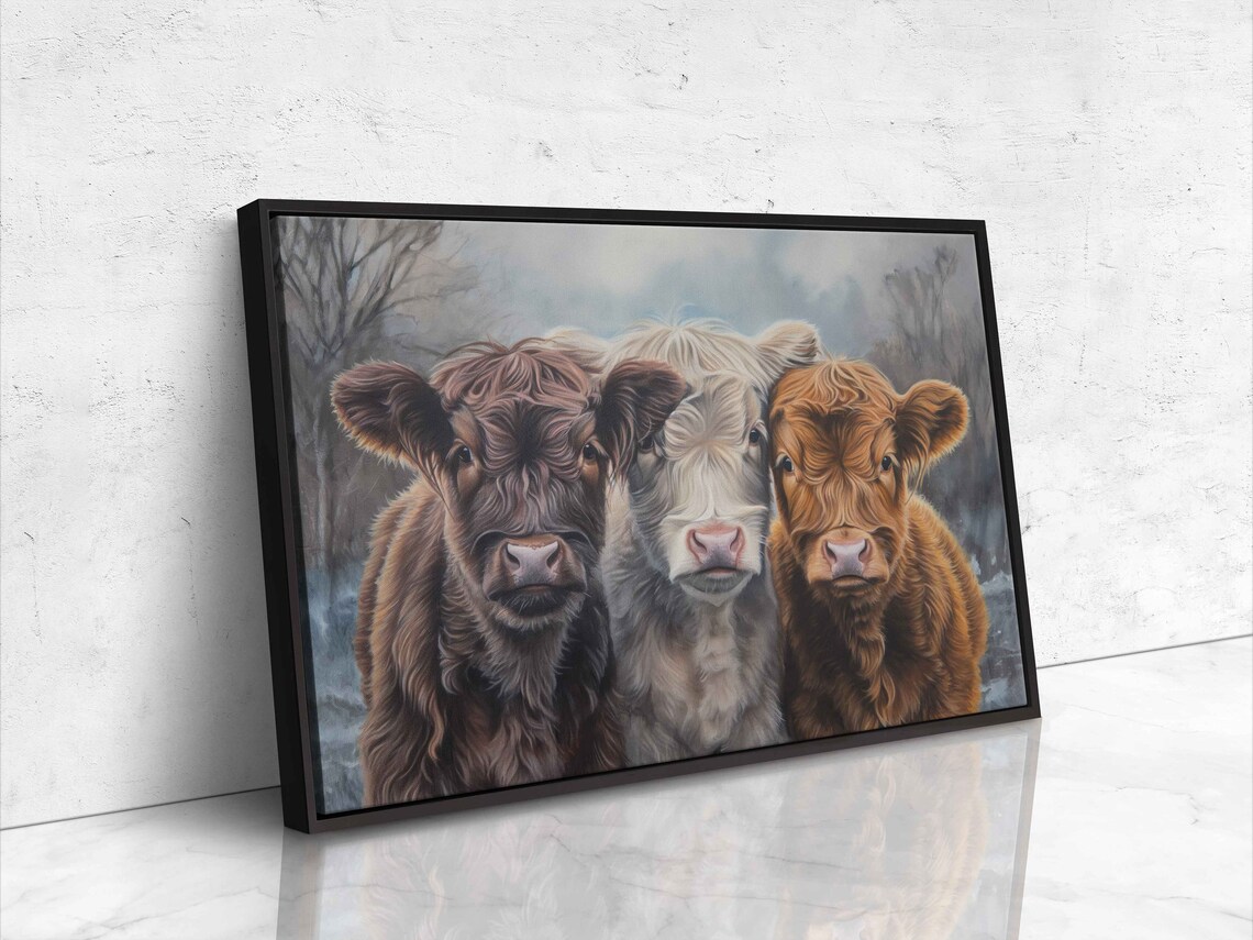 Highland Calves Trio Misty Morning Winter Field Cute Cow Poster - Image 4