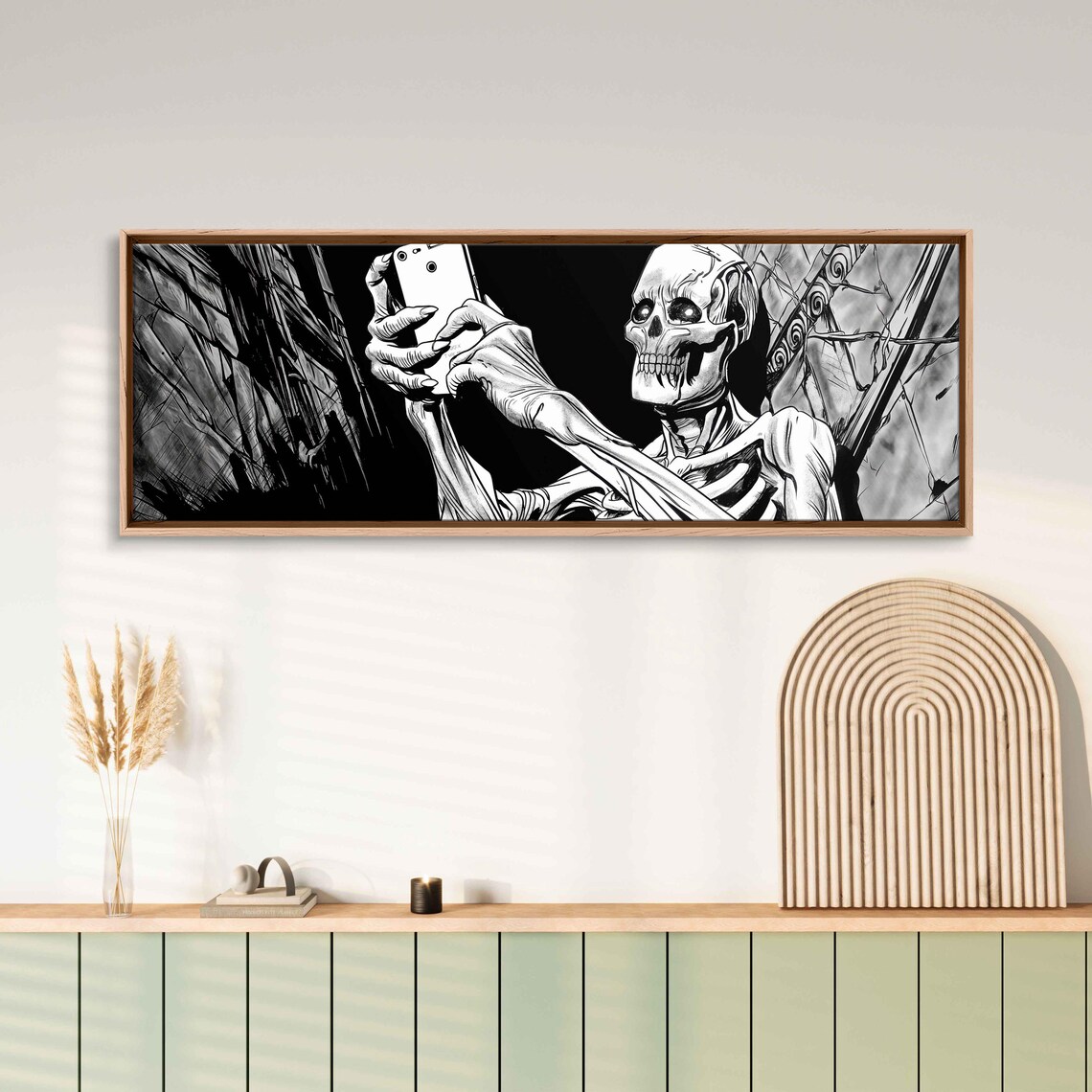 Gothic Skeleton Taking Selfie in Crypt Funny Comic Ink Halloween Wall Poster - Image 3
