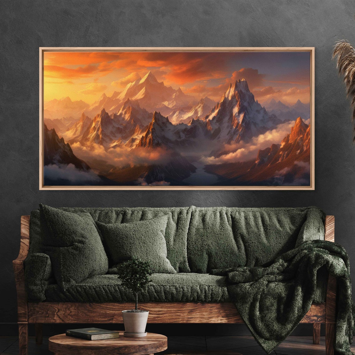 Fiery Sunset Snow Capped Peaks Misty Valley Mountain Travel Poster - Image 2