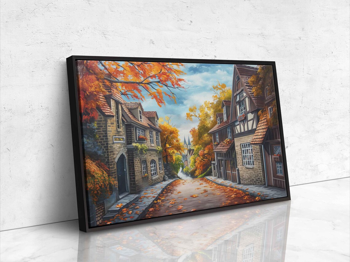 Old European Village Street In Autumn Timber Houses Painting Poster - Image 4