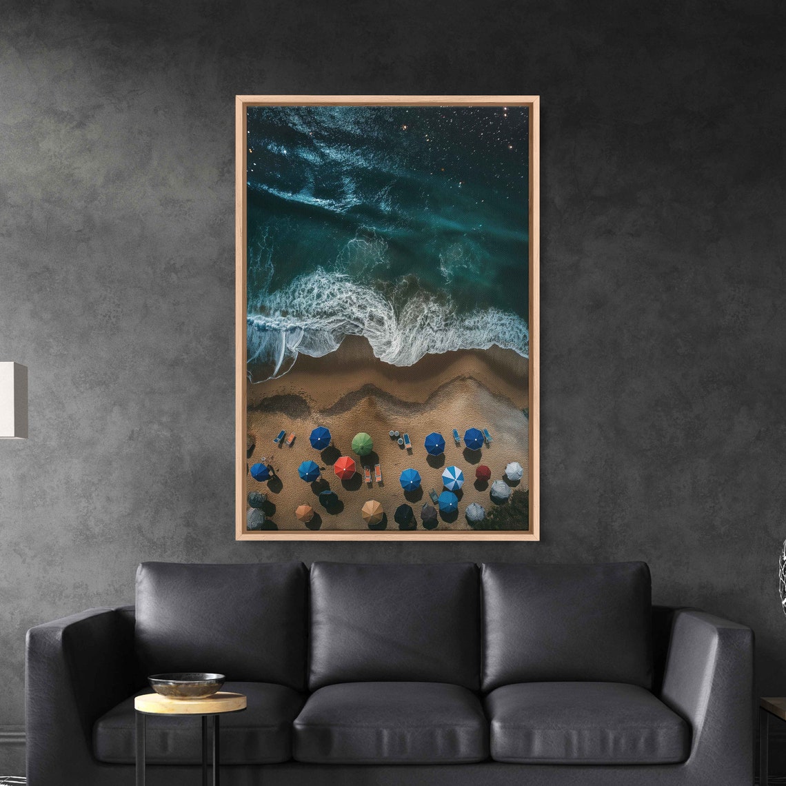 Aerial Night Beach Waves Colorful Umbrellas Under Starry Sky Poster - Image 2